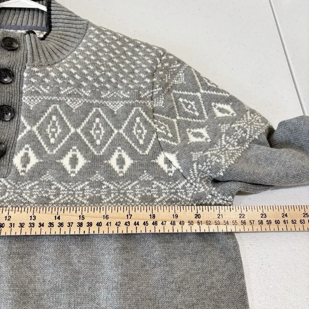 Jos A Bank 1905 Tailored Fit Chunky Knit Henley Sweater Men L Gray Fair Isle